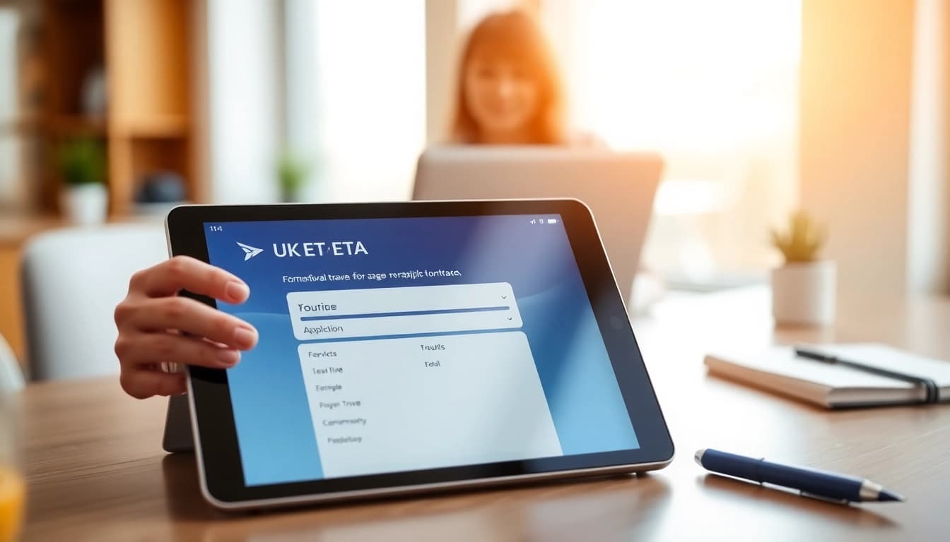Streamlined uk eta online application interface displayed on a tablet in a modern office setting.