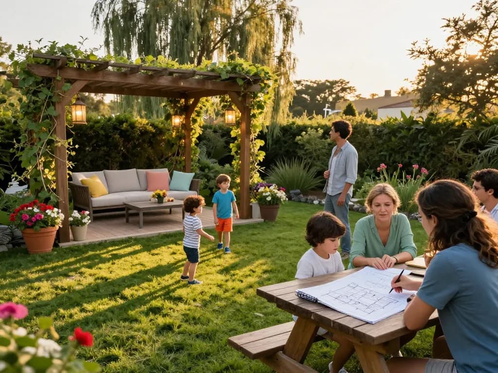 Online pergola configurator visualizing family designing a beautiful outdoor pergola in a garden setting.