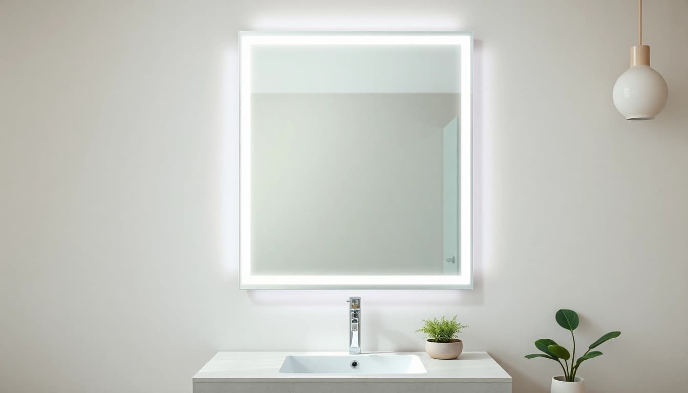 Polished elegant led mirror reflecting a modern bathroom, enhances ambiance and style.