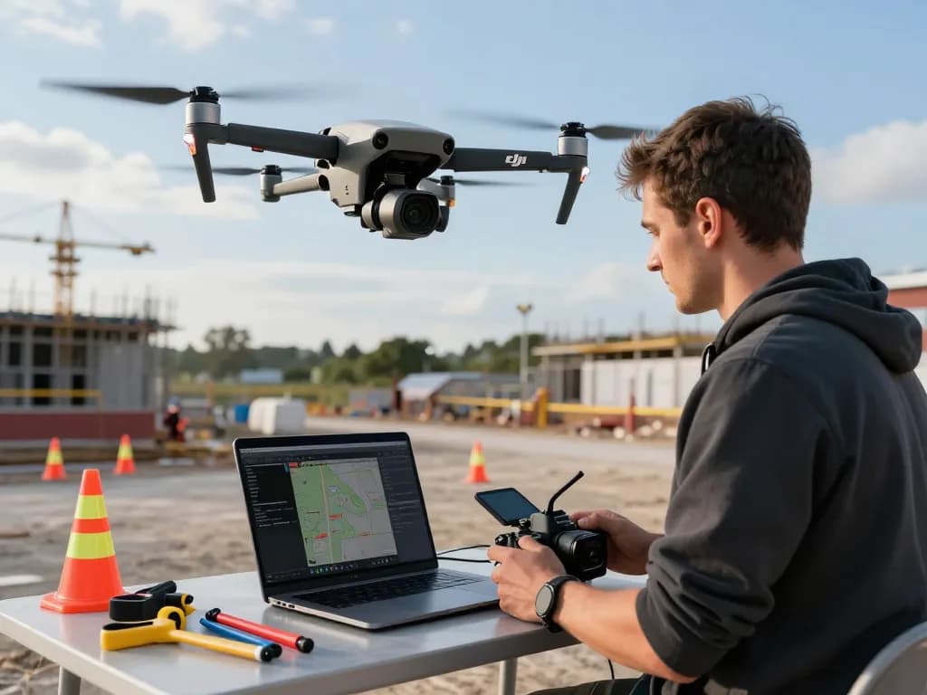 Drone mapping operator performing mappatura con drone at construction site with advanced equipment and software.