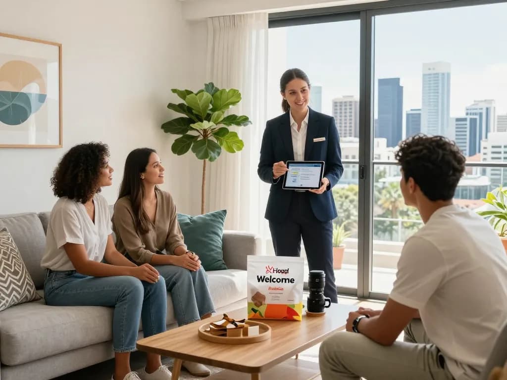 Stylish living room showcasing airbnb management perth with professional property manager discussing bookings.
