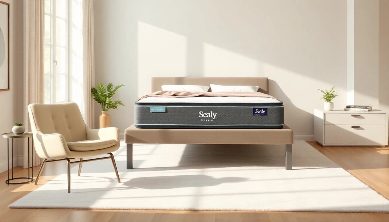 Enhance your sleep with a Sealy box spring in a beautifully designed serene bedroom setting.