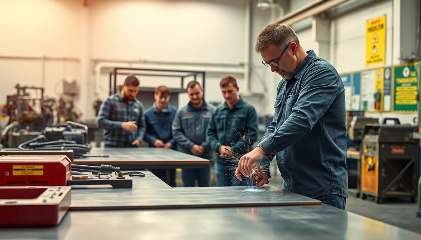 Engage in sheet metal training as an instructor demonstrates key techniques to students.
