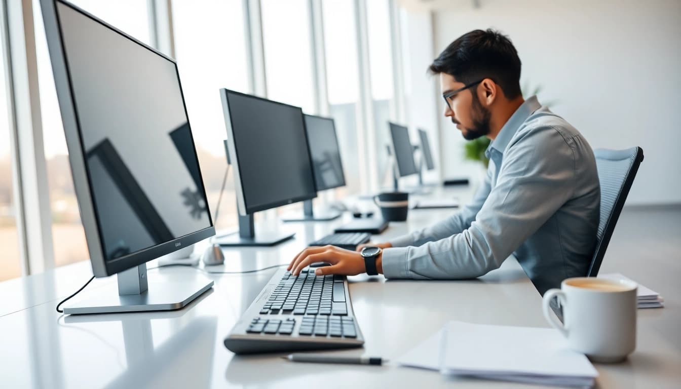Efficient Typing Center with a professional typing at a modern desk.