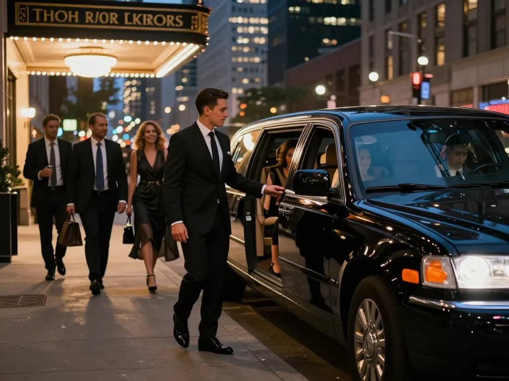 Luxurious limousine service Chicago IL with elegant passengers in front of a hotel at night.