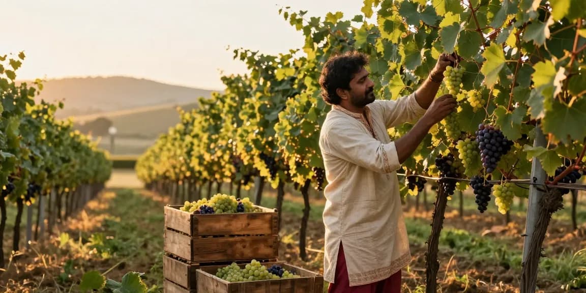 Indian American wine maker picking grapes in a vineyard at sunrise, surrounded by lush vines and rustic crates.