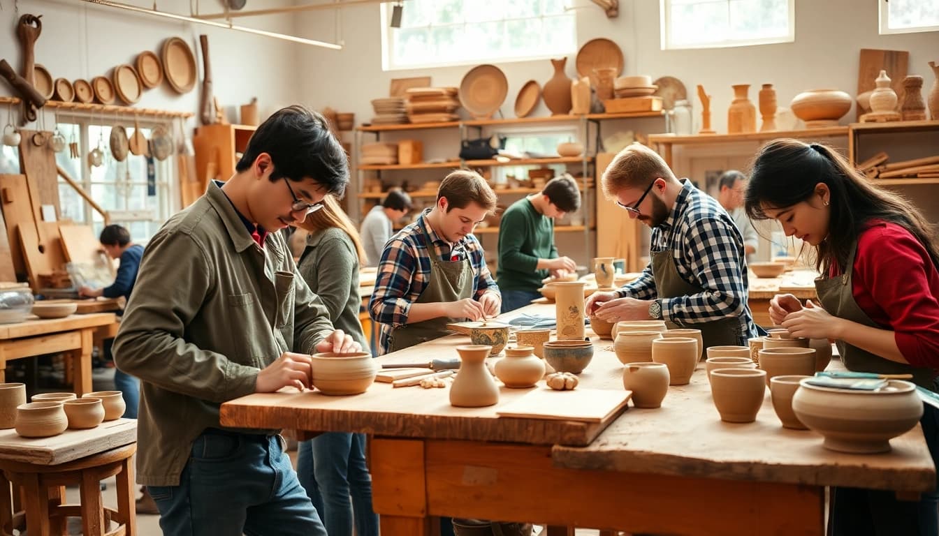 Students participating in craft training programs showcasing creative skills in a workshop.