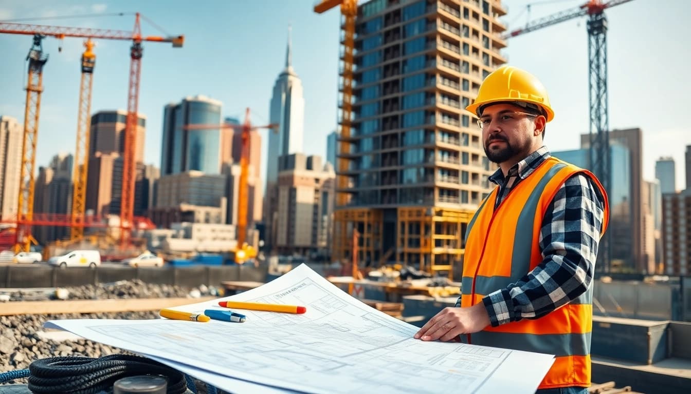 Manhattan Commercial General Contractor directing construction with blueprints and cranes in NYC.