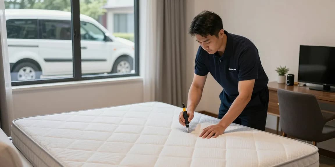 Bed bug exterminator inspecting a mattress in a discreet and professional bedroom setting.
