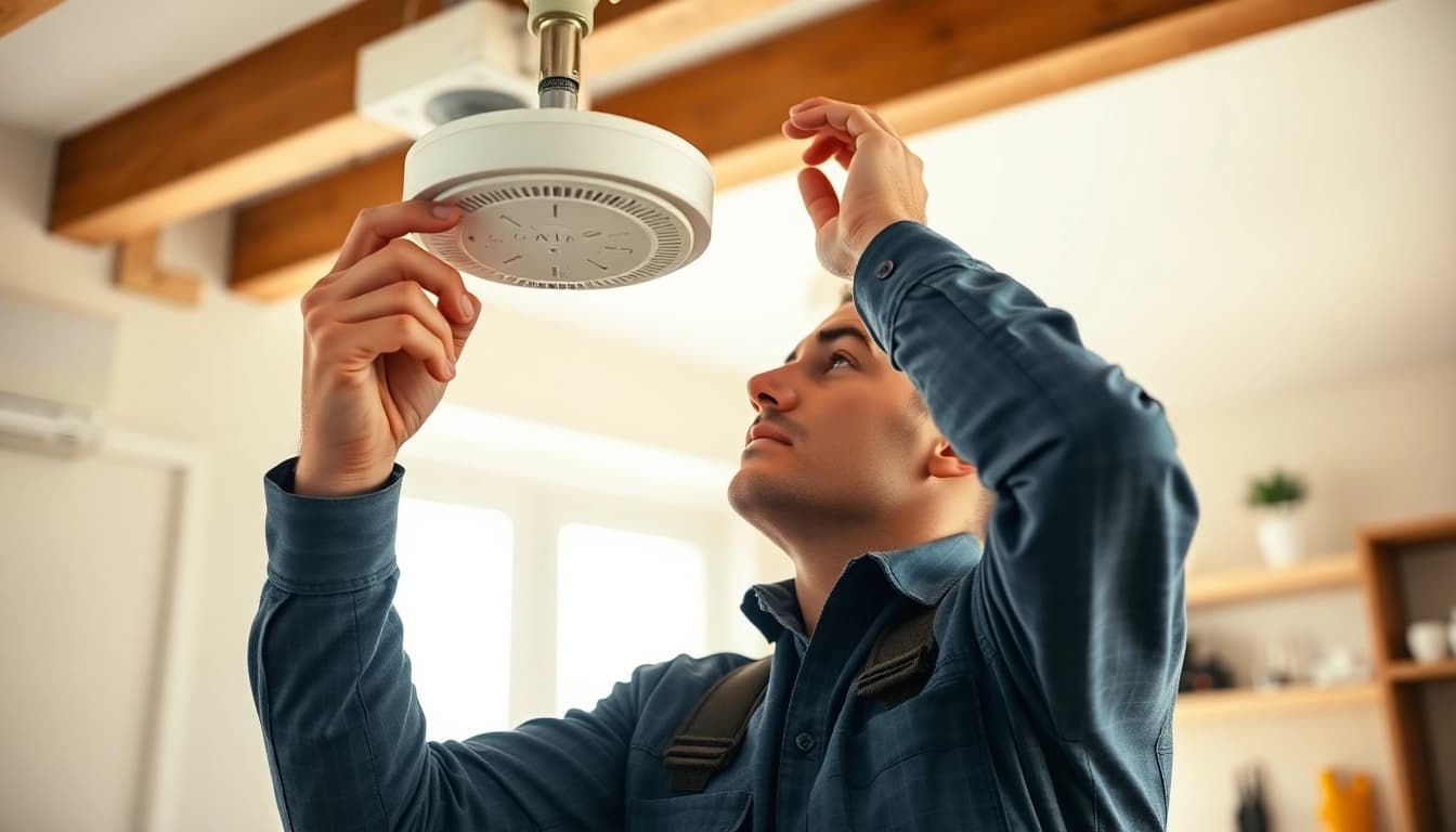 Technician installing a smoke detector battery in a well-lit living space.
