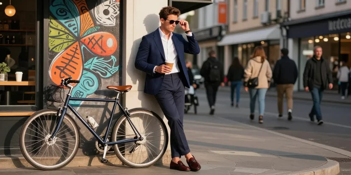 Stylish man in men's fashion outfit displaying urban chic during late afternoon.