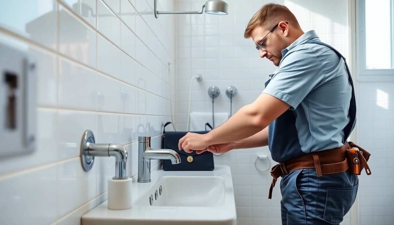 Plumber near me repairing a sink in a bright, modern bathroom.