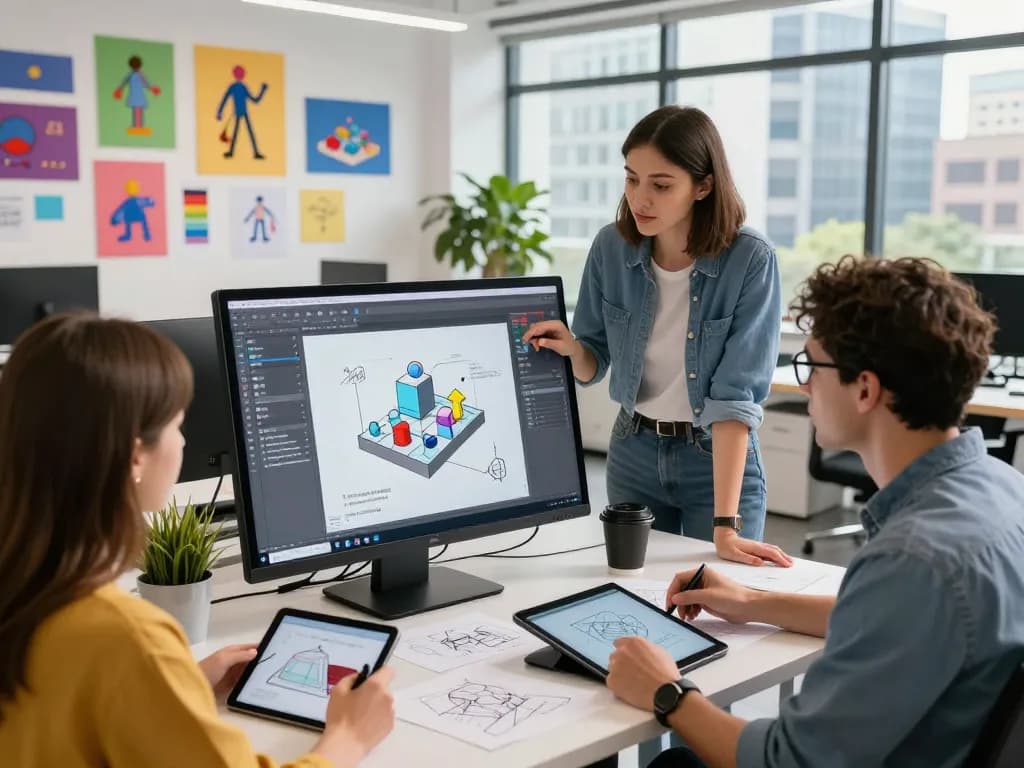 Designers generating 3D models from text in a vibrant tech workspace