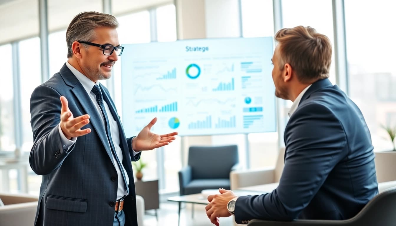 Business coach near me consulting with a client in a bright, professional office.