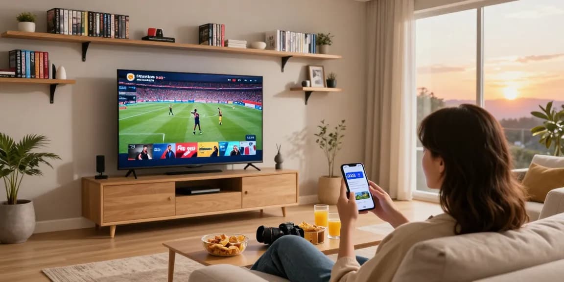 Pikashow APK movie streaming scene in a cozy living room with snacks and smart TV.