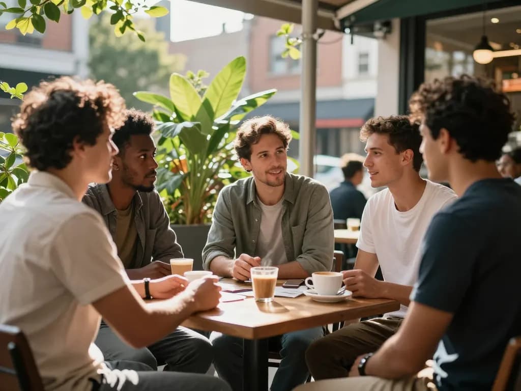 Men at café engaging in supportive conversation, highlighting community and mental health at ManClub.