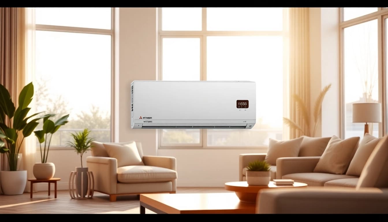 Mitsubishi mini split AC unit displayed in a modern living room for effective temperature control.