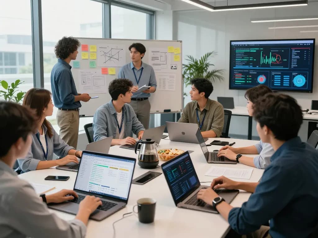 Team collaborating on AI automation strategies in a modern office.