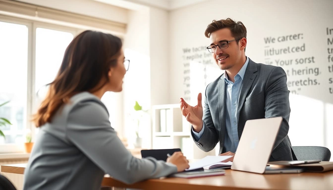 Career coaching session between a professional coach and client in a warm, inviting office.