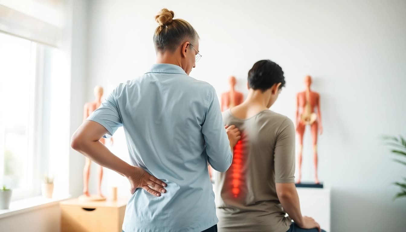 Showcase back pain solutions with a therapist assisting a patient, emphasizing care and professionalism.
