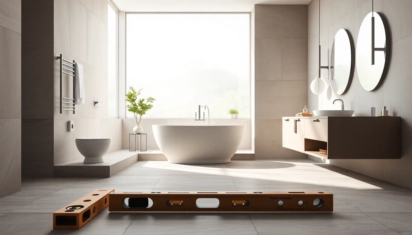 Bath reconstruction showcasing a modern bathroom with elegant fixtures and tools for renovation.