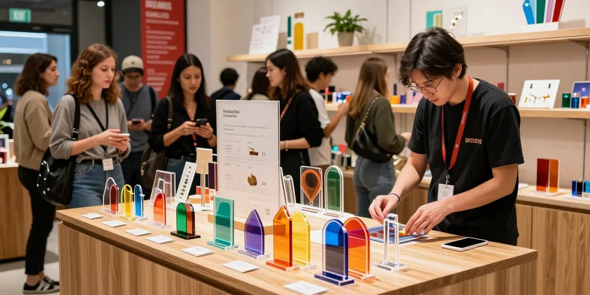 Custom acrylic stand display in a vibrant retail setting showcasing unique designs.