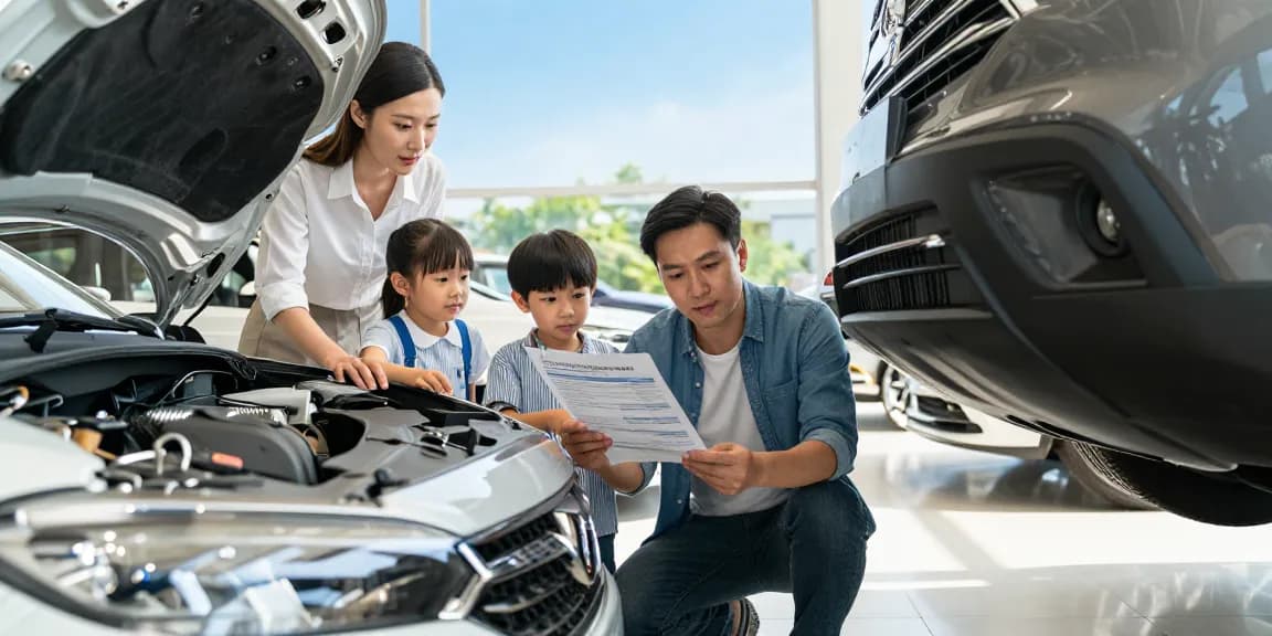 Family inspecting a car with the best car history check UK report in hand, ensuring a smart purchase.