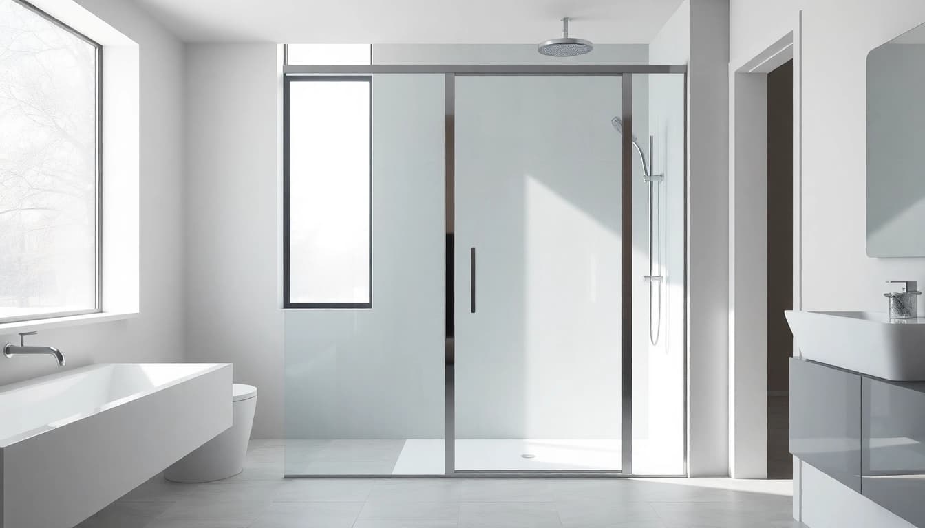 Experience modern space with sleek shower doors sliding, featuring a minimalist design enhancing bathroom style.