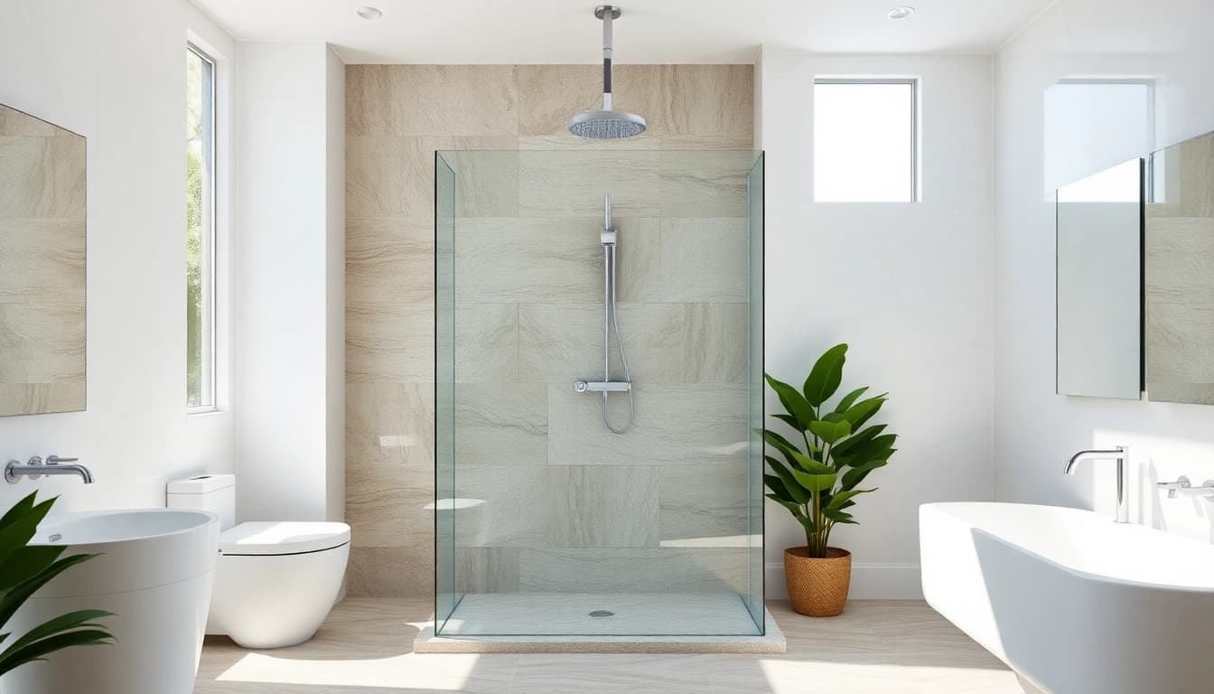 Experience elegant showers au with a modern design featuring natural stone and sleek finishes.