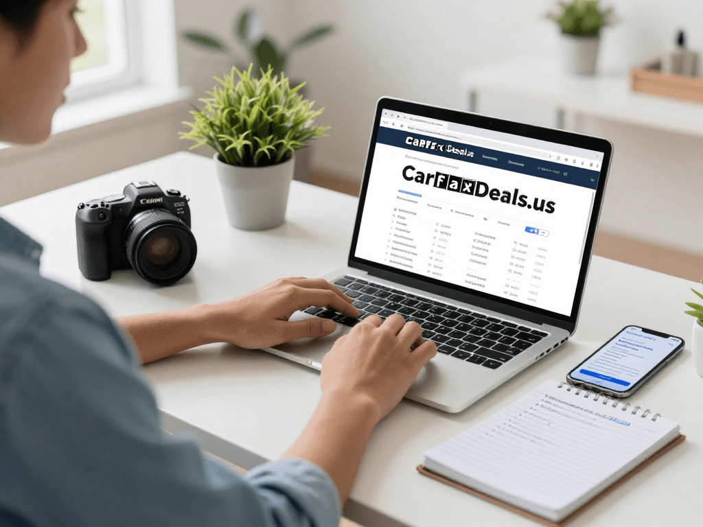 Using a carfax search by vin on a laptop in a modern office setting.
