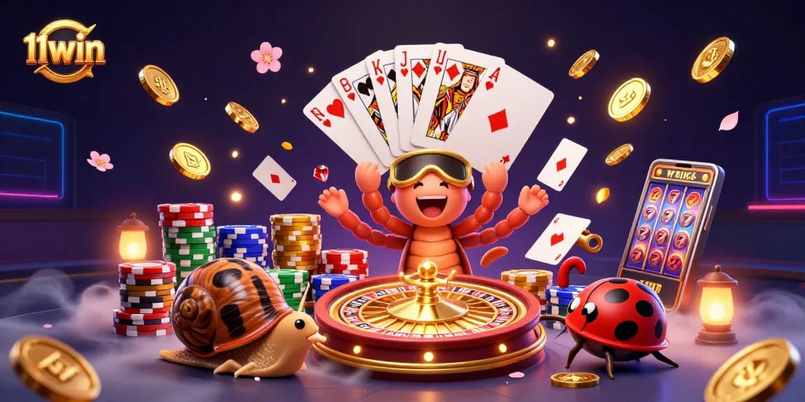 Experience winning moments at 11win with a lively casino scene featuring cartoon characters.