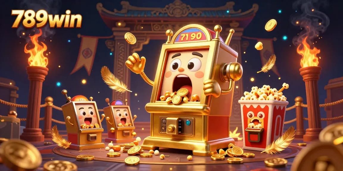 Experience thrilling wins with 789win's golden slot machine hitting the jackpot amidst vibrant casino elements.
