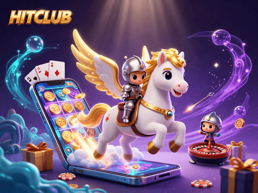 Experience HITCLUB's thrilling games with a magical 3D horse and knight in a vibrant casino scene.