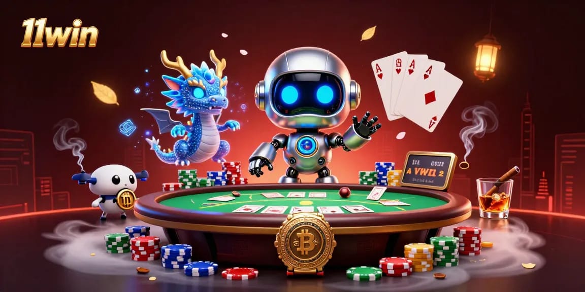 Experience the thrill of 11win with a vibrant casino scene featuring a robot, dragon, and drone.
