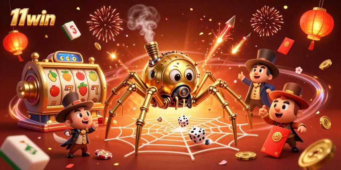 11win captures the excitement of gaming with a steampunk spider and vibrant slot elements.