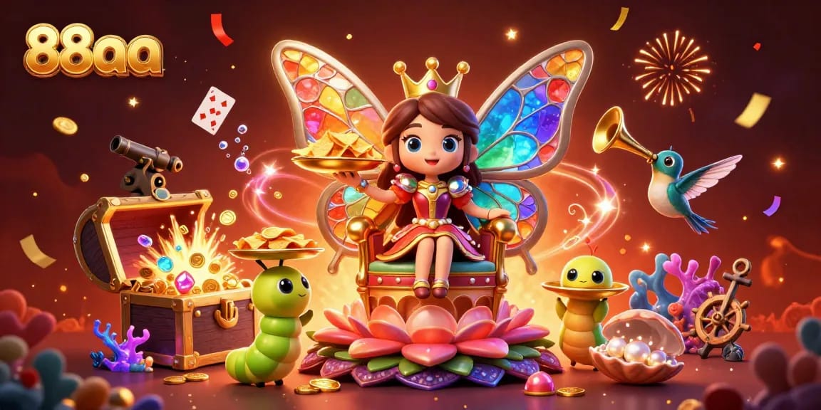 Win big with 88aa in this vibrant gambling scene filled with butterflies and rewards.