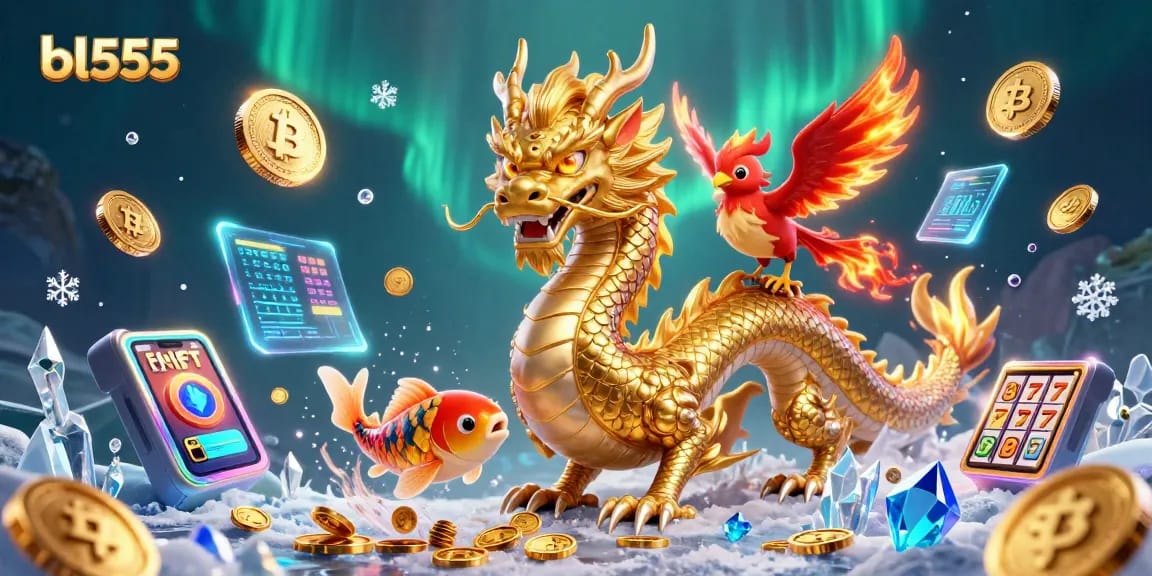 Experience the thrilling gameplay of bl555 as a majestic dragon and phoenix dominate a vibrant casino scene filled with cryptocurrencies.
