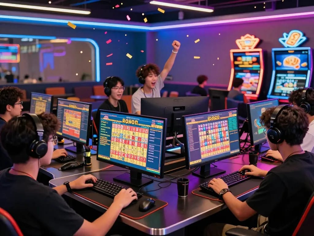 Engaged players celebrating their wins in lô đề hôm nay with vibrant visuals and modern gaming setup.