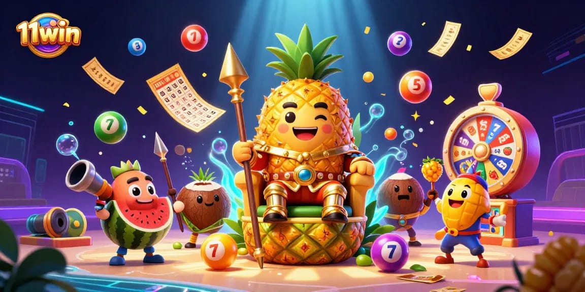 Engage with 11win's vibrant beach casino scene featuring a golden pineapple king and lively game elements.