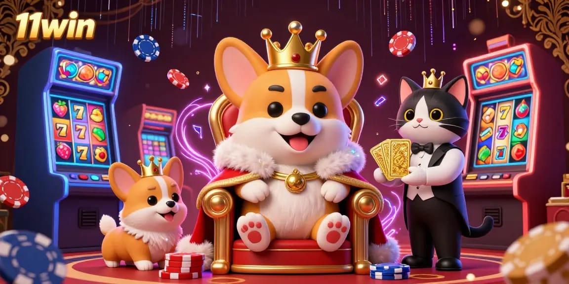 Play engaging casino slots with 11win featuring a royal corgi and vibrant gaming elements.