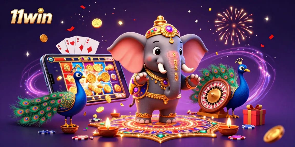 Experience vibrant winning with 11win in this colorful casino celebration illustration.