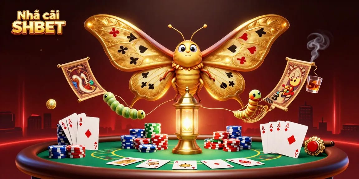 Experience high stakes at Nhà cái SHBET with vibrant casino-themed illustration featuring gold motifs and dynamic game elements.