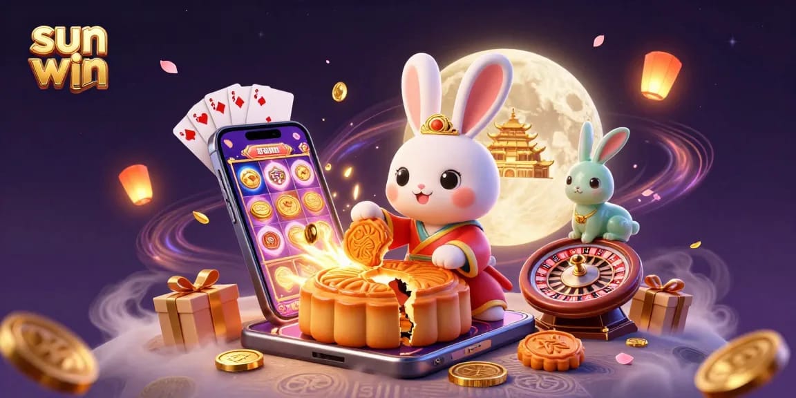 Experience the thrill at sun win with a vibrant moon rabbit scene featuring casino elements and golden treasures.
