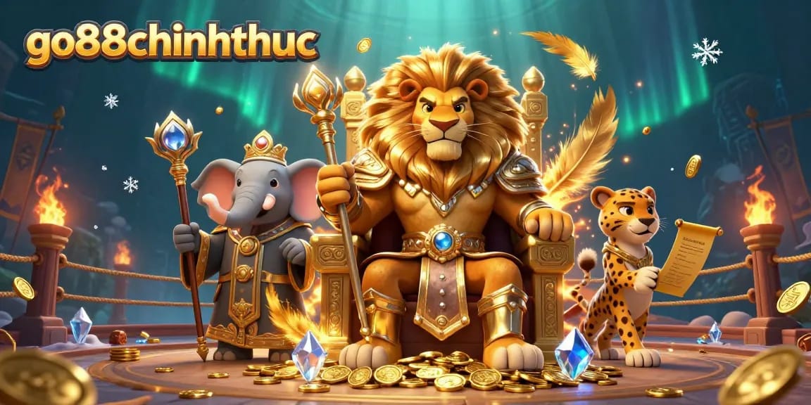 Engage in thrilling adventures with go88chinhthuc as a lion king sits proudly on his throne amidst casino glory.