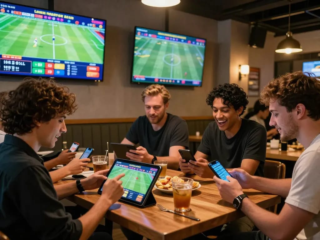 Friends engaging in online betting at a trendy café showcasing nhà cái uy tín and live sports events.