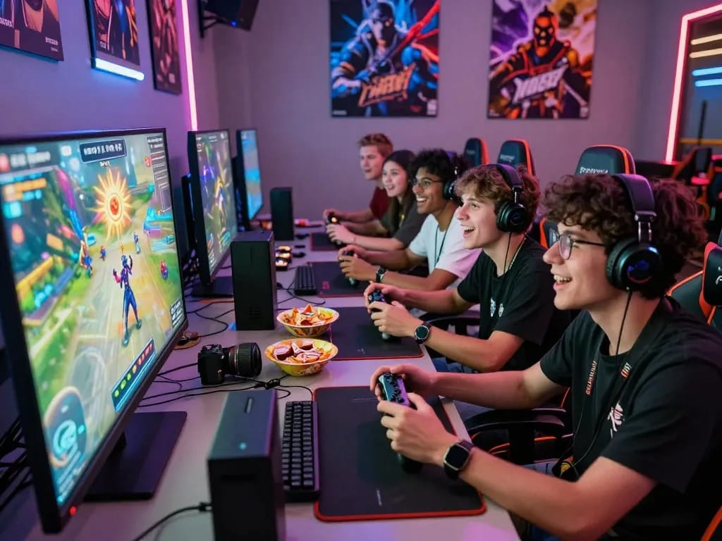 Friends enjoying an intense gaming session featuring sun win with vibrant atmosphere and modern setup.