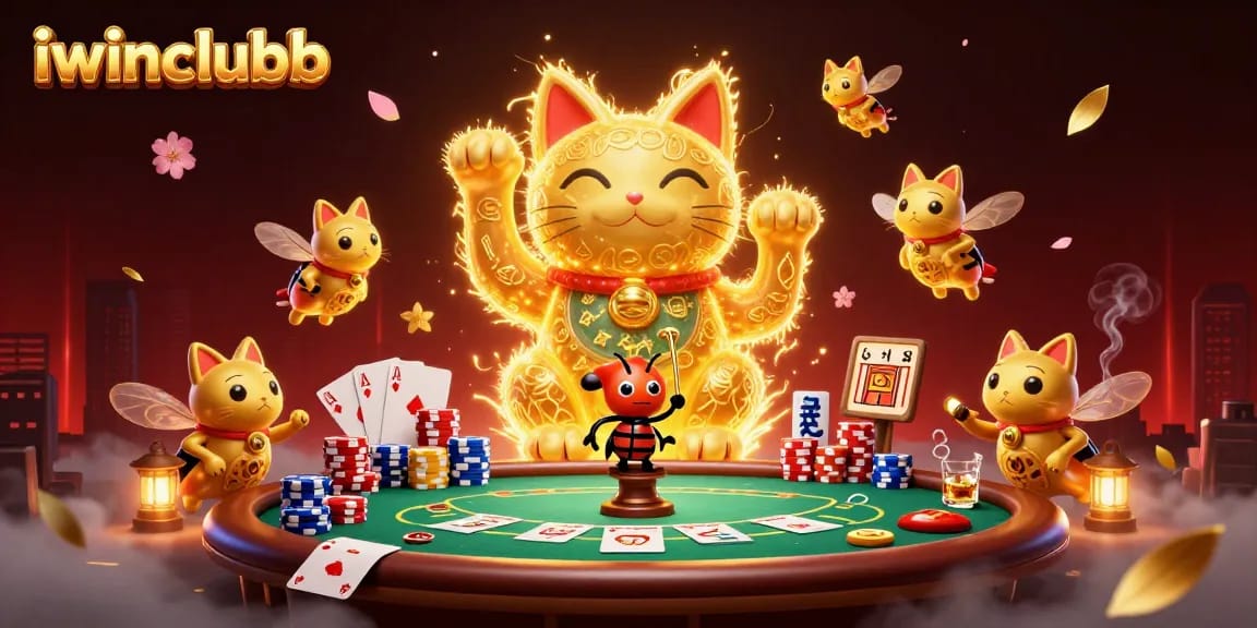 Experience exciting wins with iwinclubb's vibrant lucky cat illustration in a casino scene.
