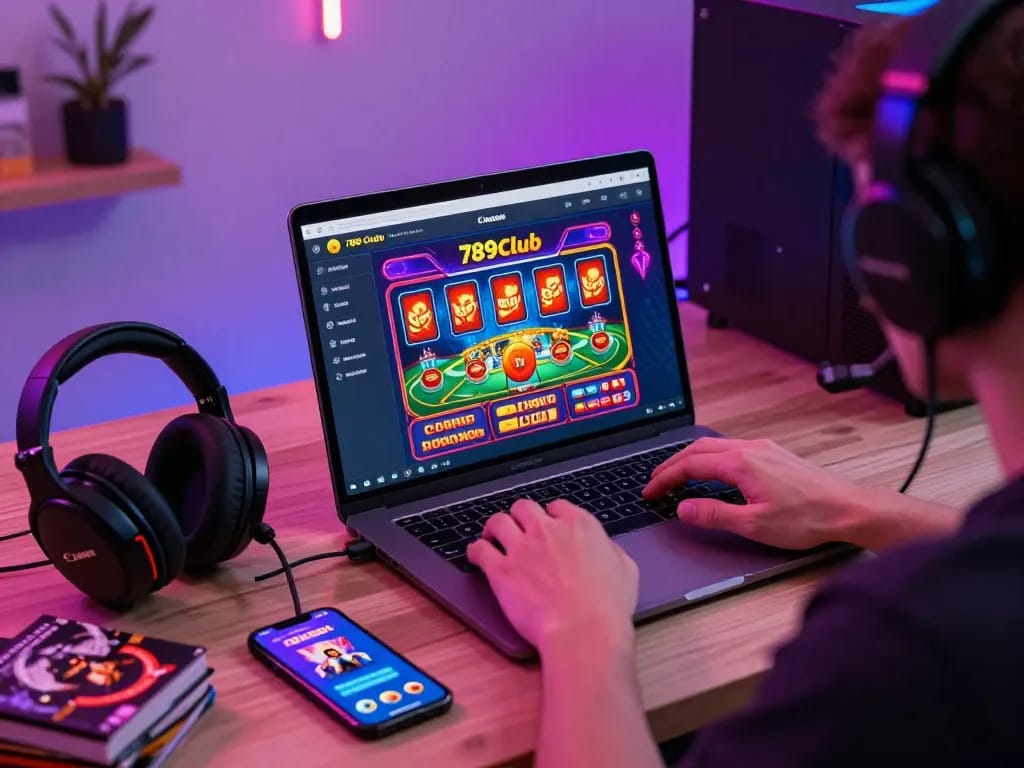 User engaged with 789club online gaming on laptop in a vibrant home office setting, surrounded by gaming accessories.