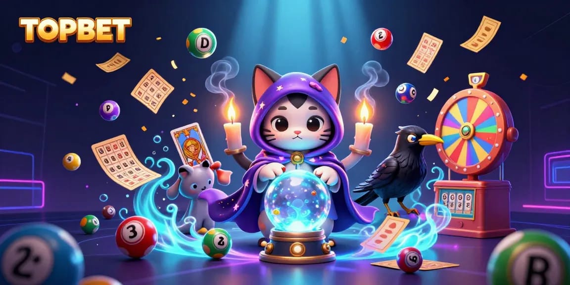 Engage with TOPBET's thrilling lottery scene featuring vibrant game elements and captivating characters.