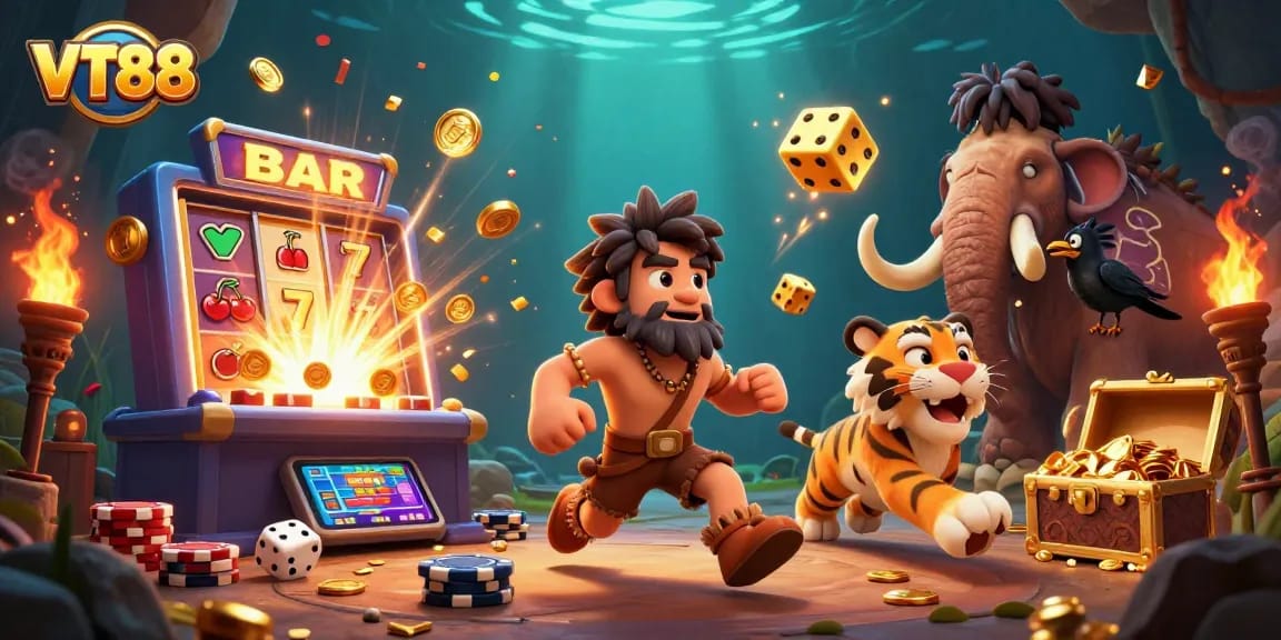 Experience the excitement of VT88 with a vibrant prehistoric casino scene full of thrilling slots and games.